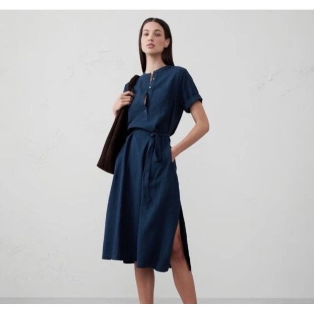 Banana Republic Linen Blend Dress Maxi Navy Blue Waist Tie - Large